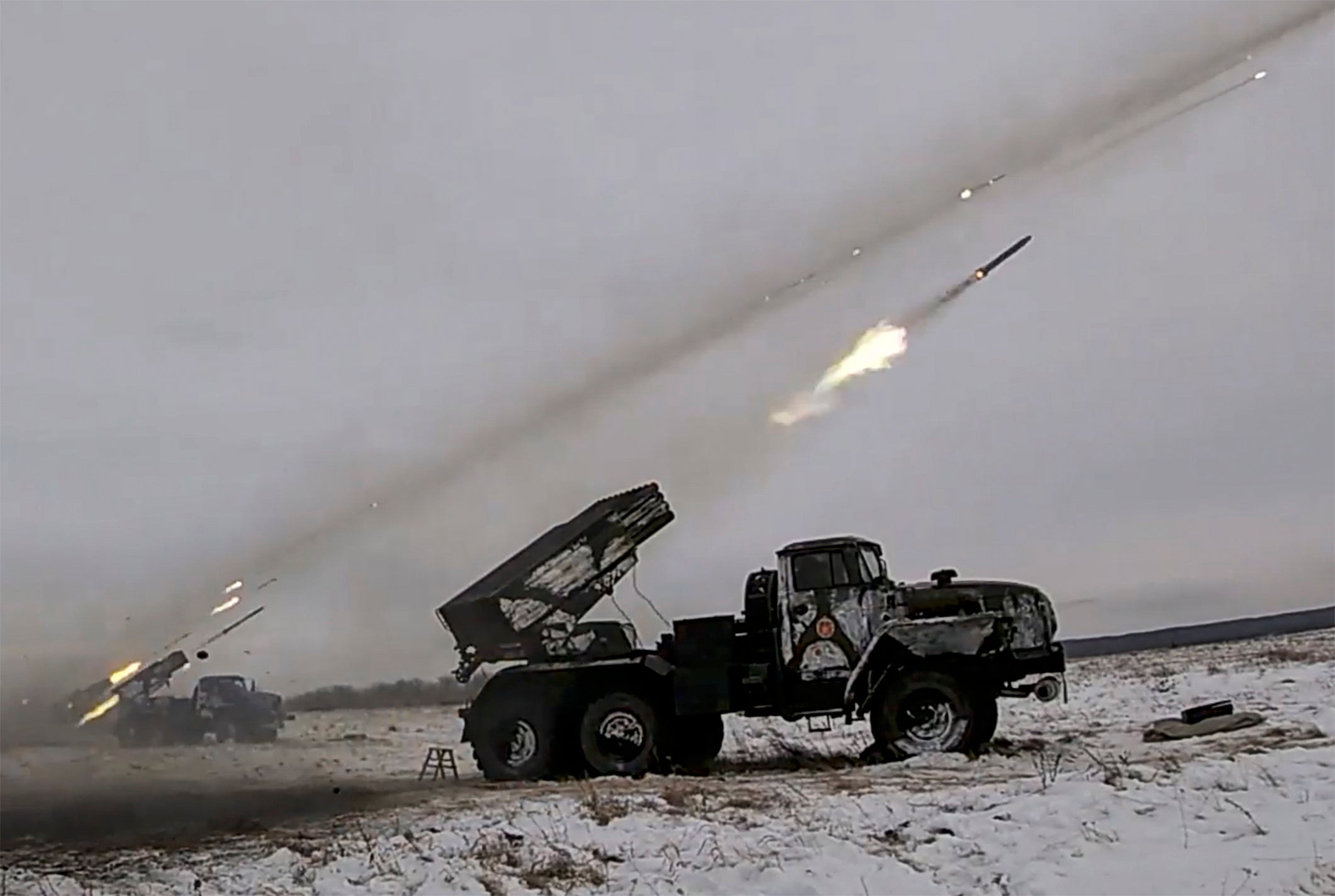 A still image from a video provided by the Russian Defence ministry shows military drills near Orenburg, Russia, 16 December 2021