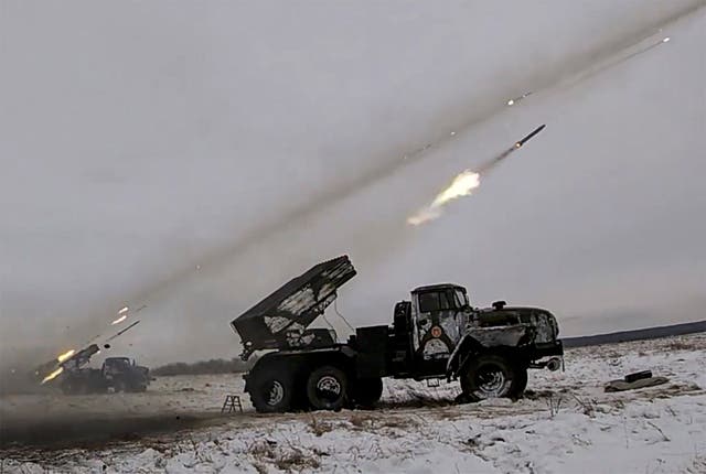 <p>A still image from a video provided by the Russian Defence ministry shows military drills near Orenburg, Russia, 16 December 2021</p>