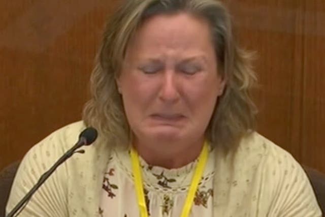 <p>Kim Potter breaks down on the stand at her trial </p>