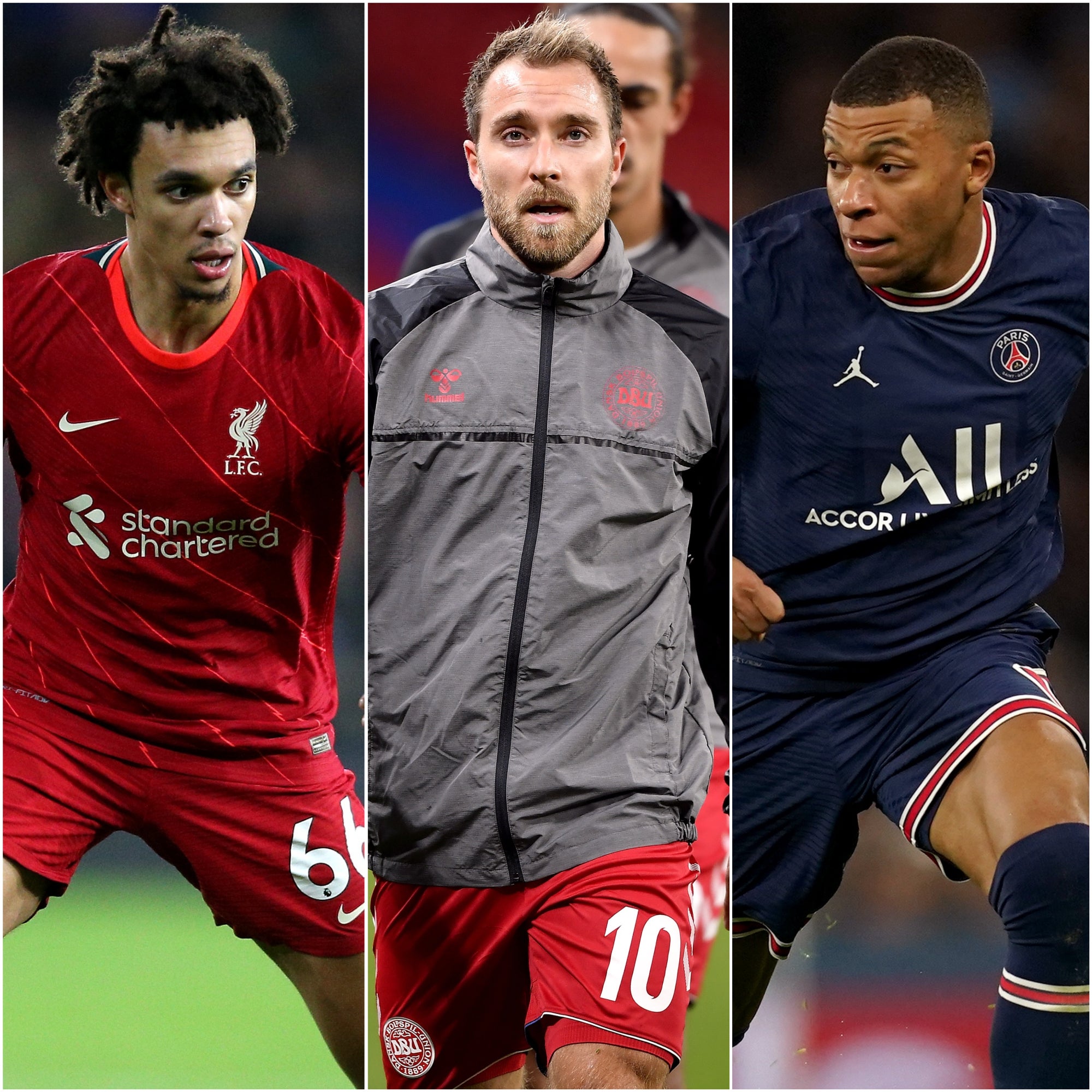 Trent Alexander-Arnold (left), Christian Eriksen (centre) and Kylian Mbappe (Nigel French/Toby Melville/Martin Rickett/PA)