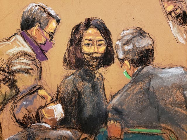 <p>Ghislaine Maxwell speaks with her attorneys during the trial of Maxwell, the Jeffrey Epstein associate accused of sex trafficking, in a courtroom sketch in New York City, U.S., December 17, 2021</p>