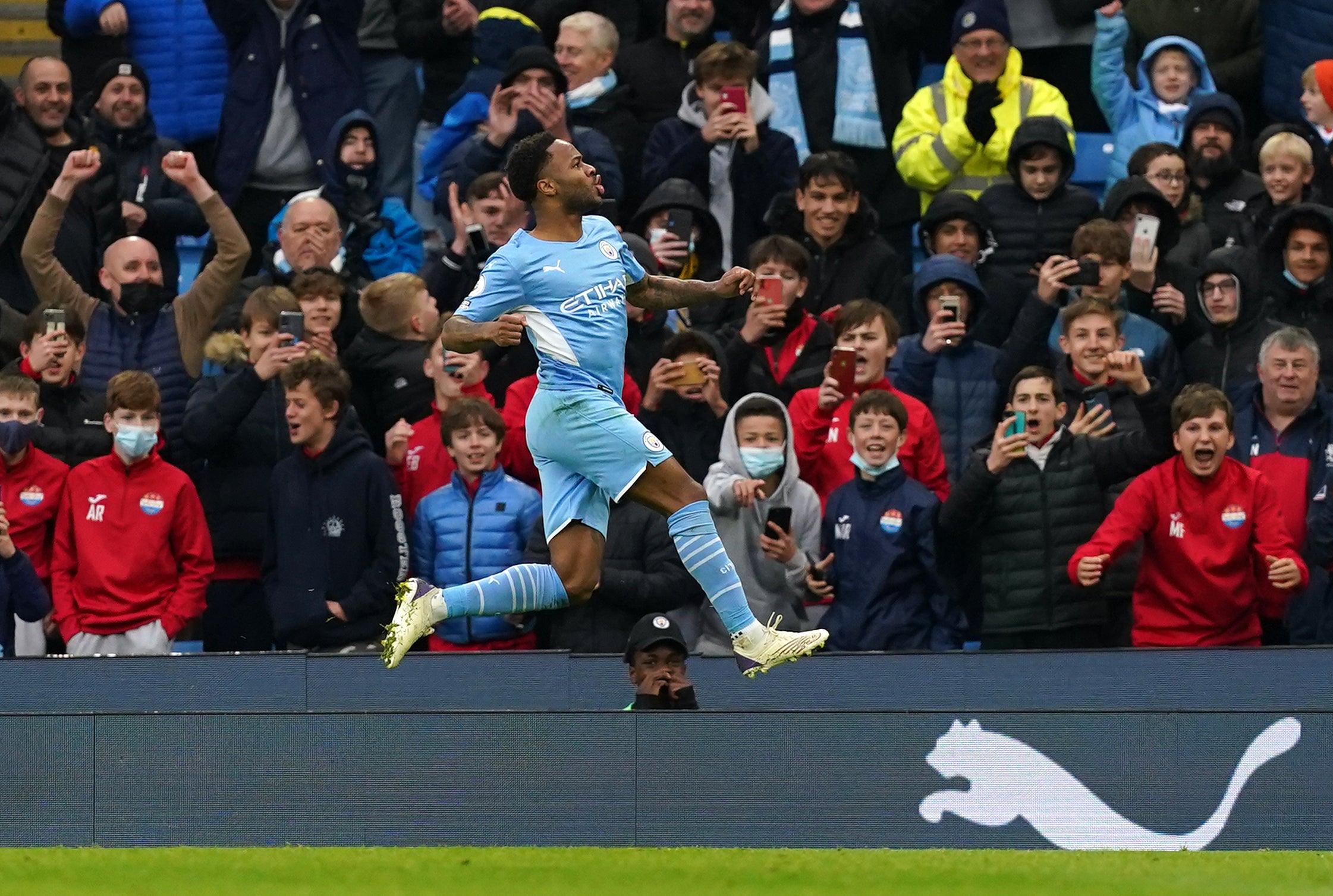 Manchester City’s Raheem Sterling celebrates scoring what was his 100th Premier League goal against Wolves last week (Martin Rickett/PA)