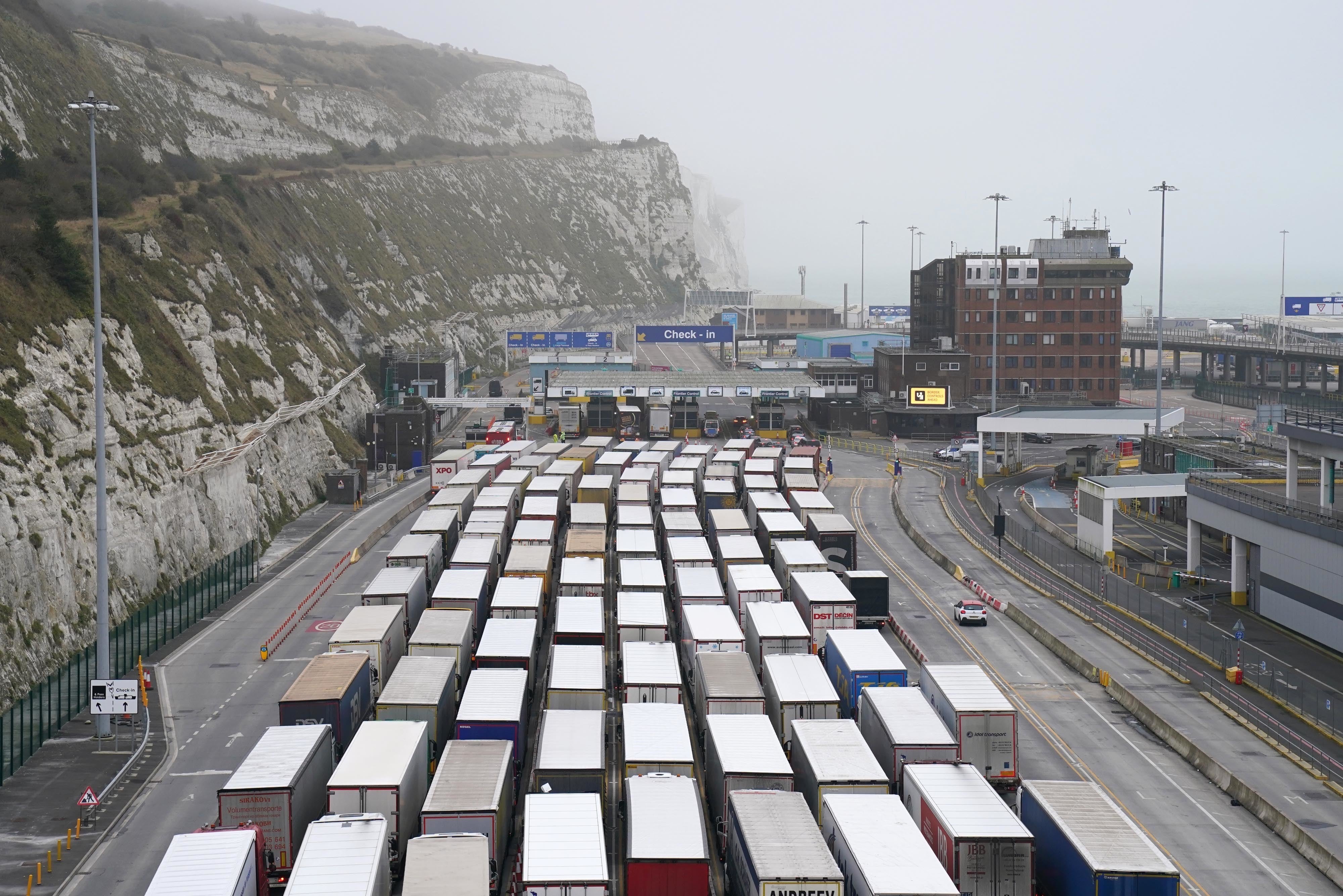 <p>Lorries waiting to get through post-Brexit checks at Dover </p>
