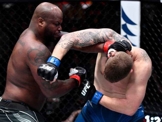 <p>Former heavyweight title challenger Derrick Lewis (left) stopped Chris Daukaus in Round 1</p>