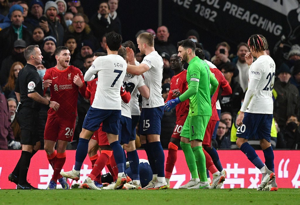 Andrew Robertson has an altercation with Tottenham’s Emerson Royal