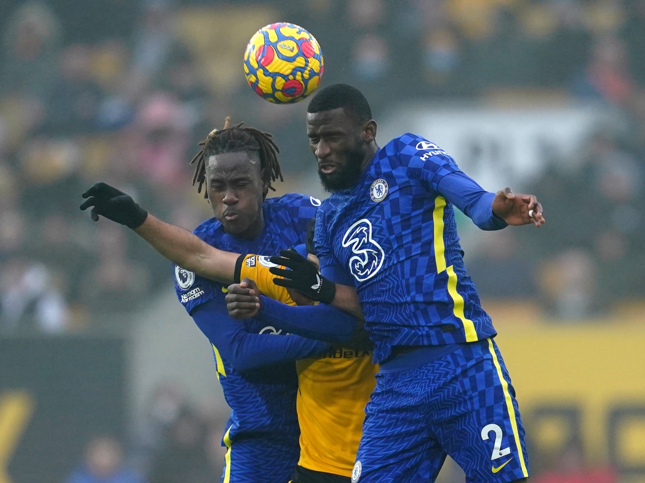 Toni Rudiger, right, challenges for the ball in Chelsea’s goalless draw at Wolves (Nick Potts/PA)
