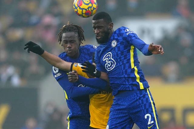 <p>Toni Rudiger, right, challenges for the ball in Chelsea’s goalless draw at Wolves (Nick Potts/PA)</p>