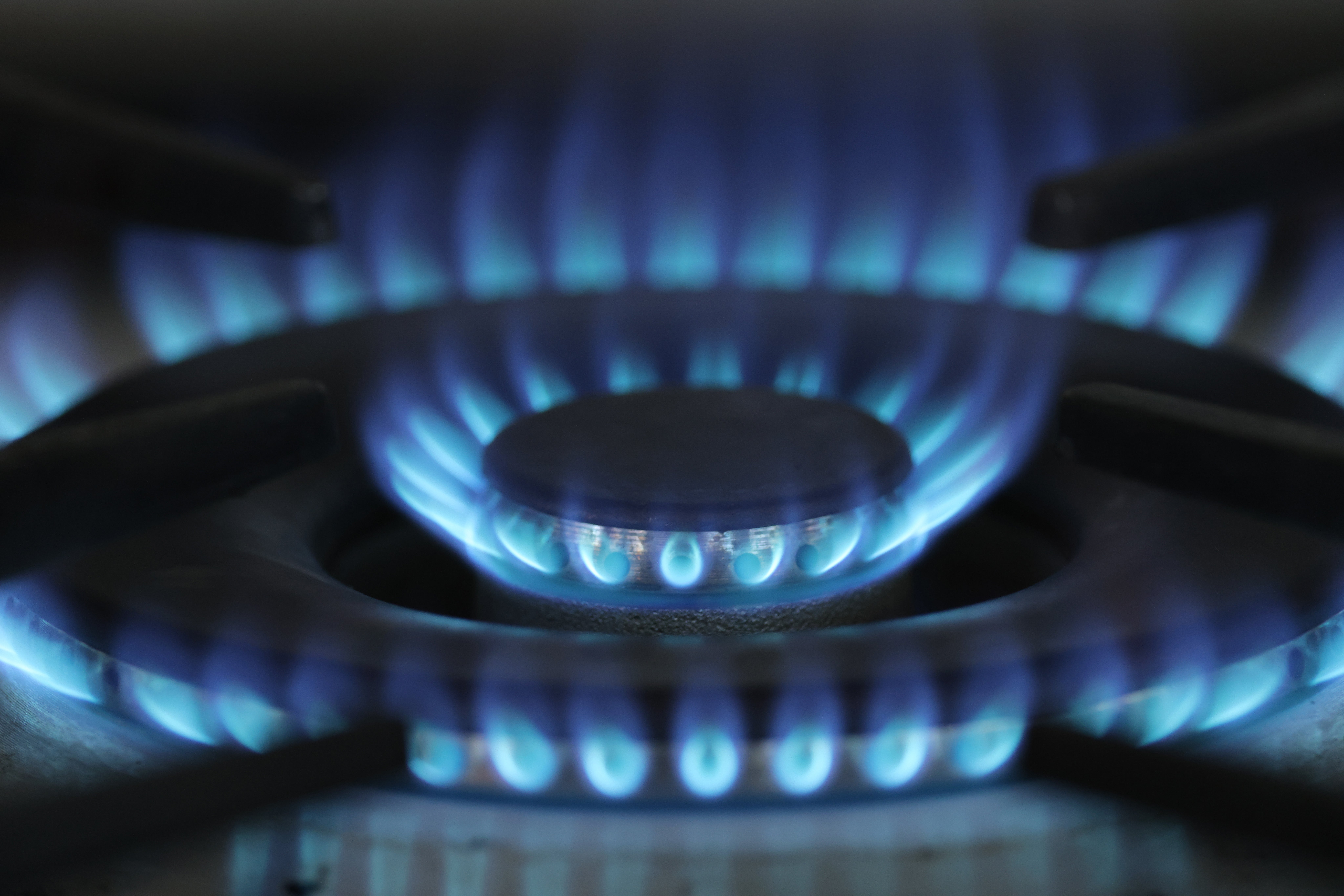 Flames burn blue from a natural gas-powered kitchen stove in Berlin, Germany