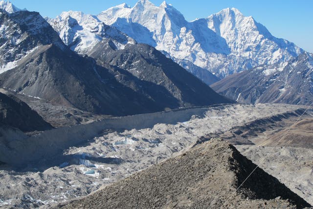 <p>Khumbu Glacier in northern Nepal. Ice melt is now occurring in the Himalayas 10 times faster than in previous centuries</p>