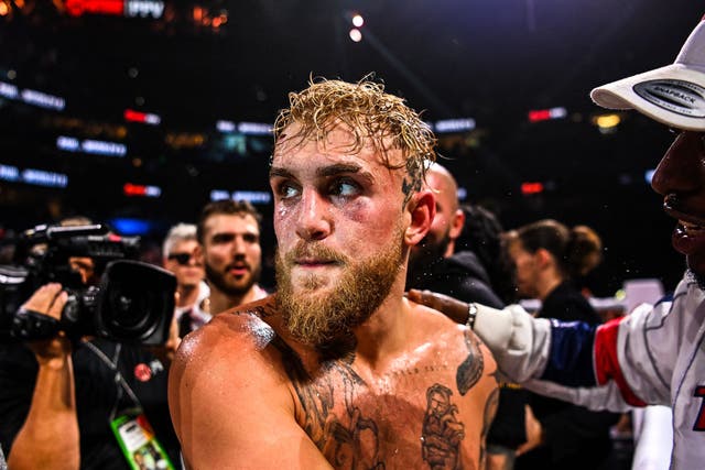 <p>Jake Paul after knocking out Tyron Woodley</p>