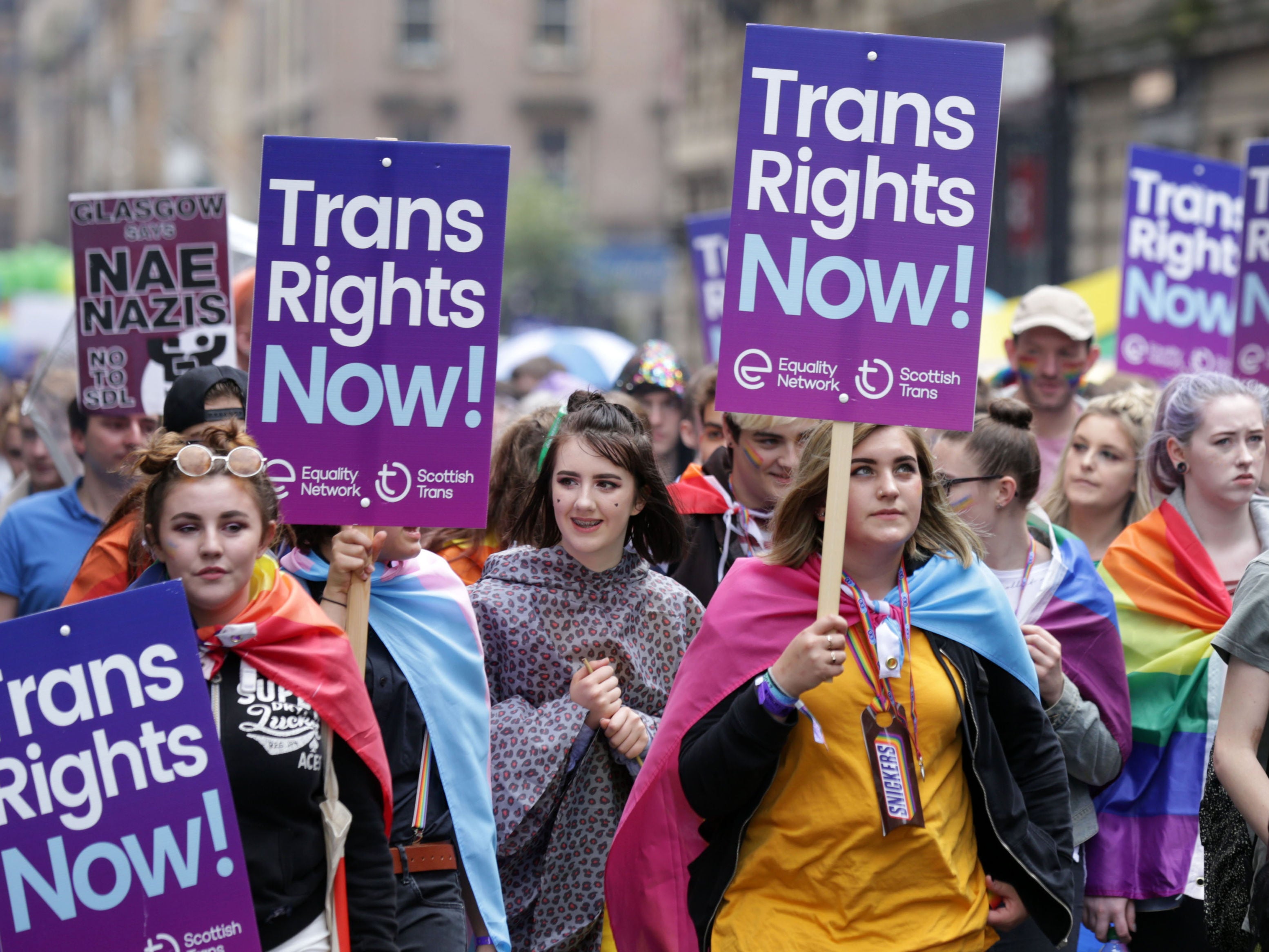 People protesting for Trans rights take part in the Pride parade in Glasgow
