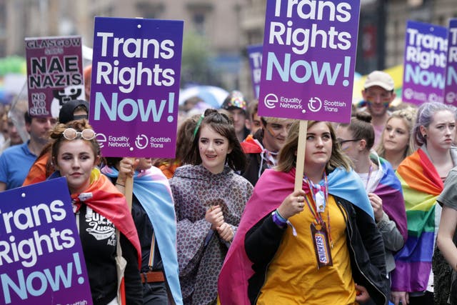 <p>People protesting for Trans rights take part in the Pride parade in Glasgow</p>