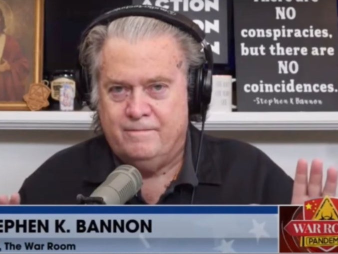 Former Trump adviser Steve Bannon appearing on his “War Room” podcast, during which he claimed he and “American citizens” would take over the US “election apparatus."