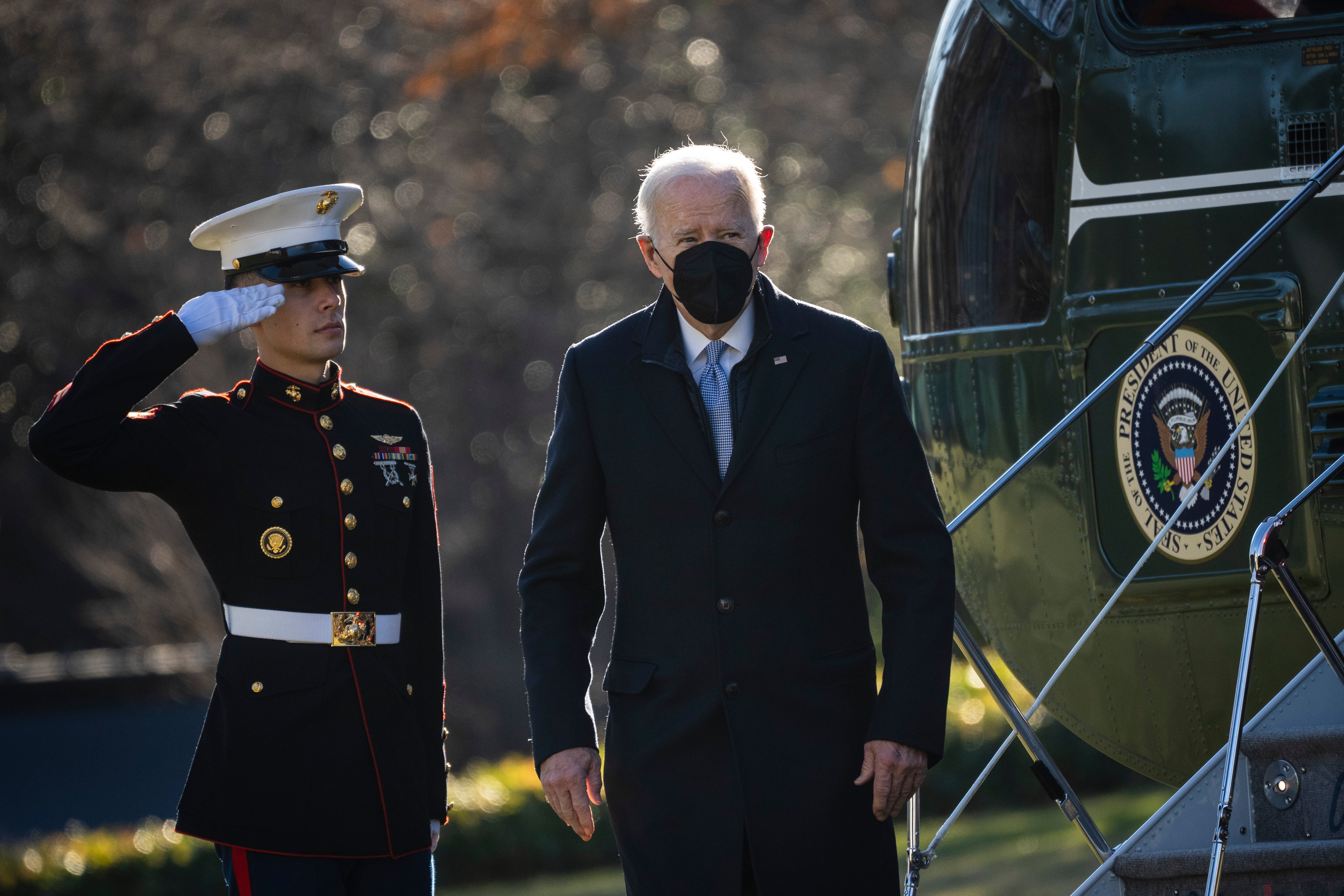 President Joe Biden exits Marine One on the South Lawn of the White House on 20 December 2021 in Washington, DC