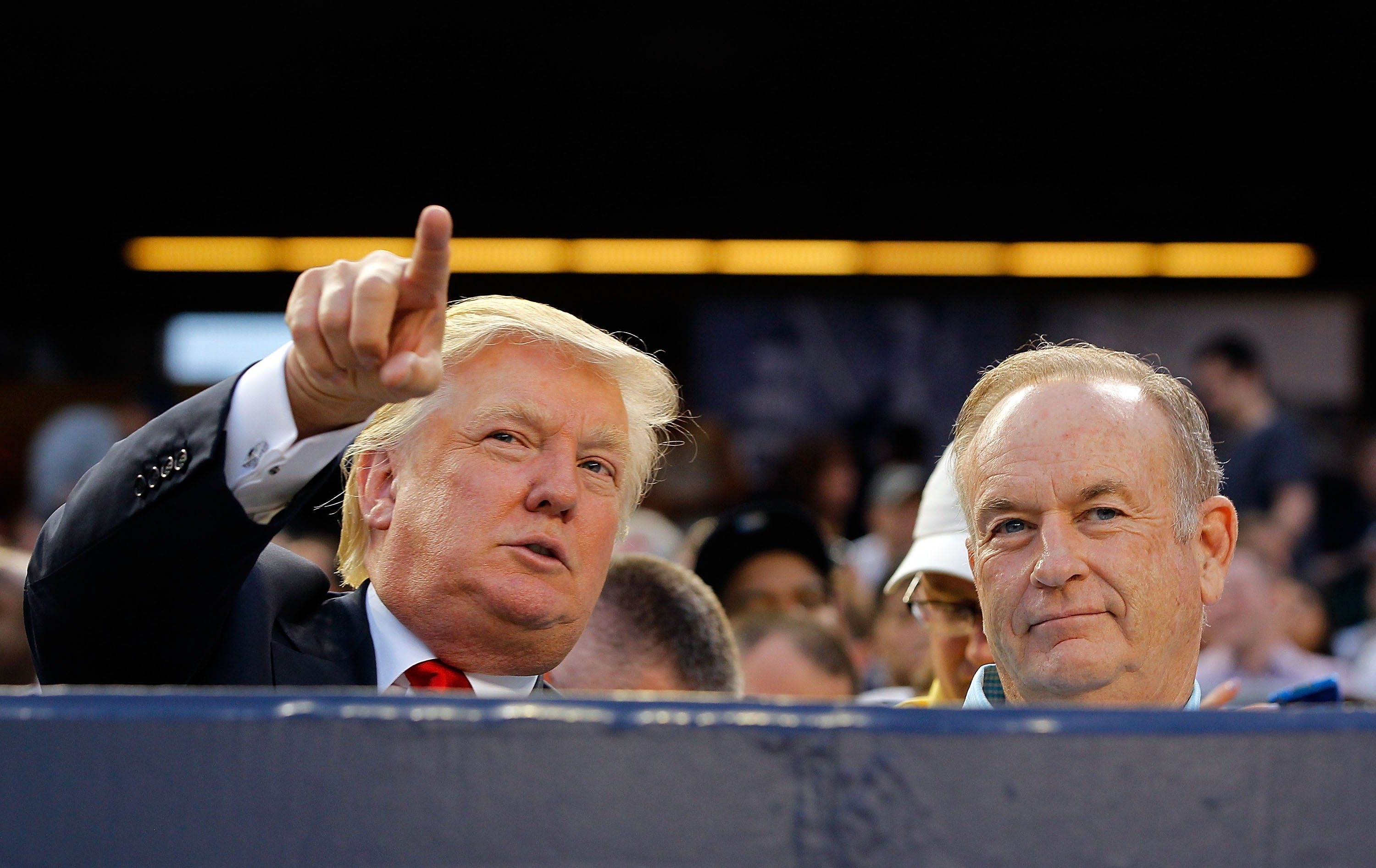 <p>Donald Trump (L) and television personality Bill O'Reilly attend the game between the New York Yankees and the Baltimore Orioles at Yankee Stadium on 30 July 2012  in the Bronx borough of New York City</p>