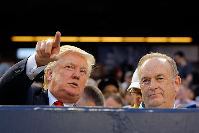 <p>Donald Trump (L) and television personality Bill O'Reilly attend the game between the New York Yankees and the Baltimore Orioles at Yankee Stadium on 30 July 2012  in the Bronx borough of New York City</p>