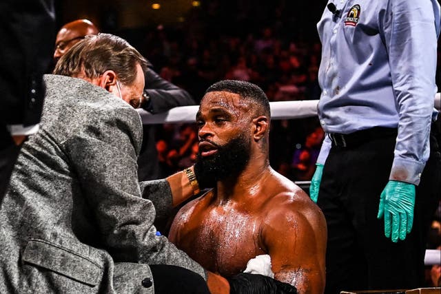 <p>Former UFC champion Tyron Woodley after being knocked out by Jake Paul</p>