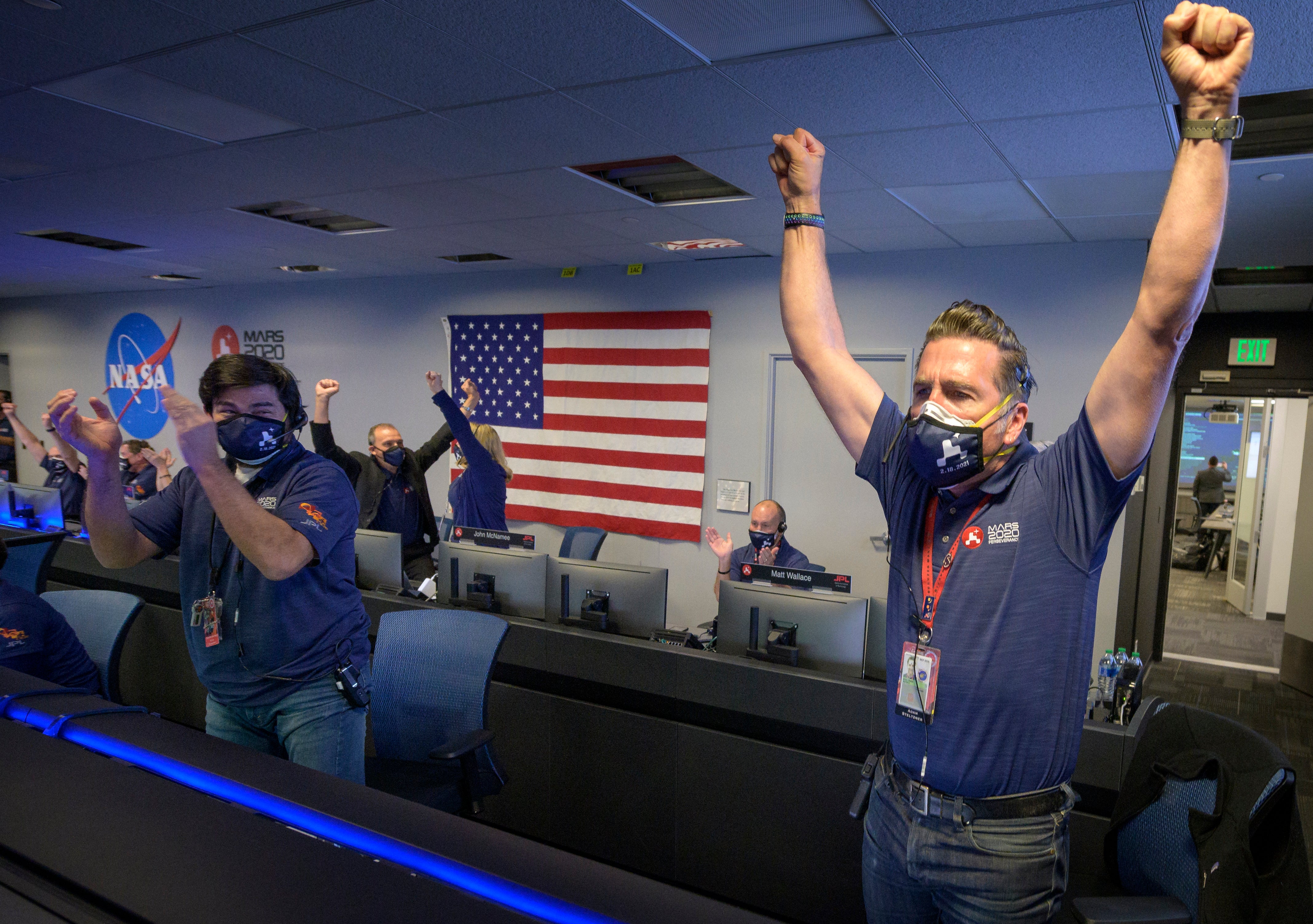 Nasa’s Perseverance team reacts to news of the spacecraft’s touch-down on Mars