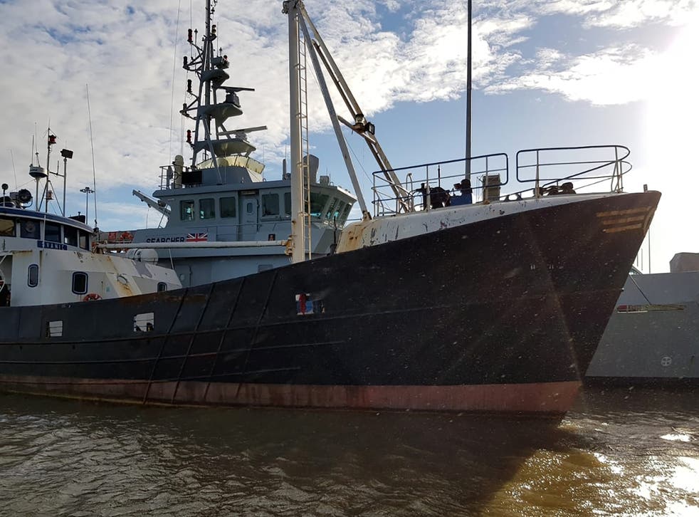 The 30m-long trawler, called the Svanic, which was used to attempt to smuggle 69 Albanian migrants into the UK (National Crime Agency/PA)
