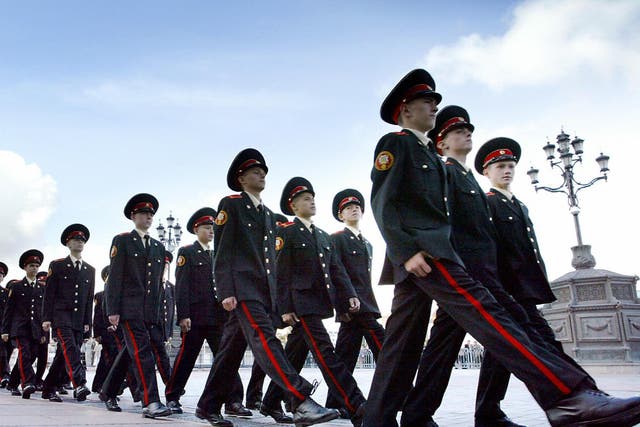 <p>Military school cadets in Moscow march outside the cathedral of Christ the Saviour during a ceremony marking the beginning of their education</p>
