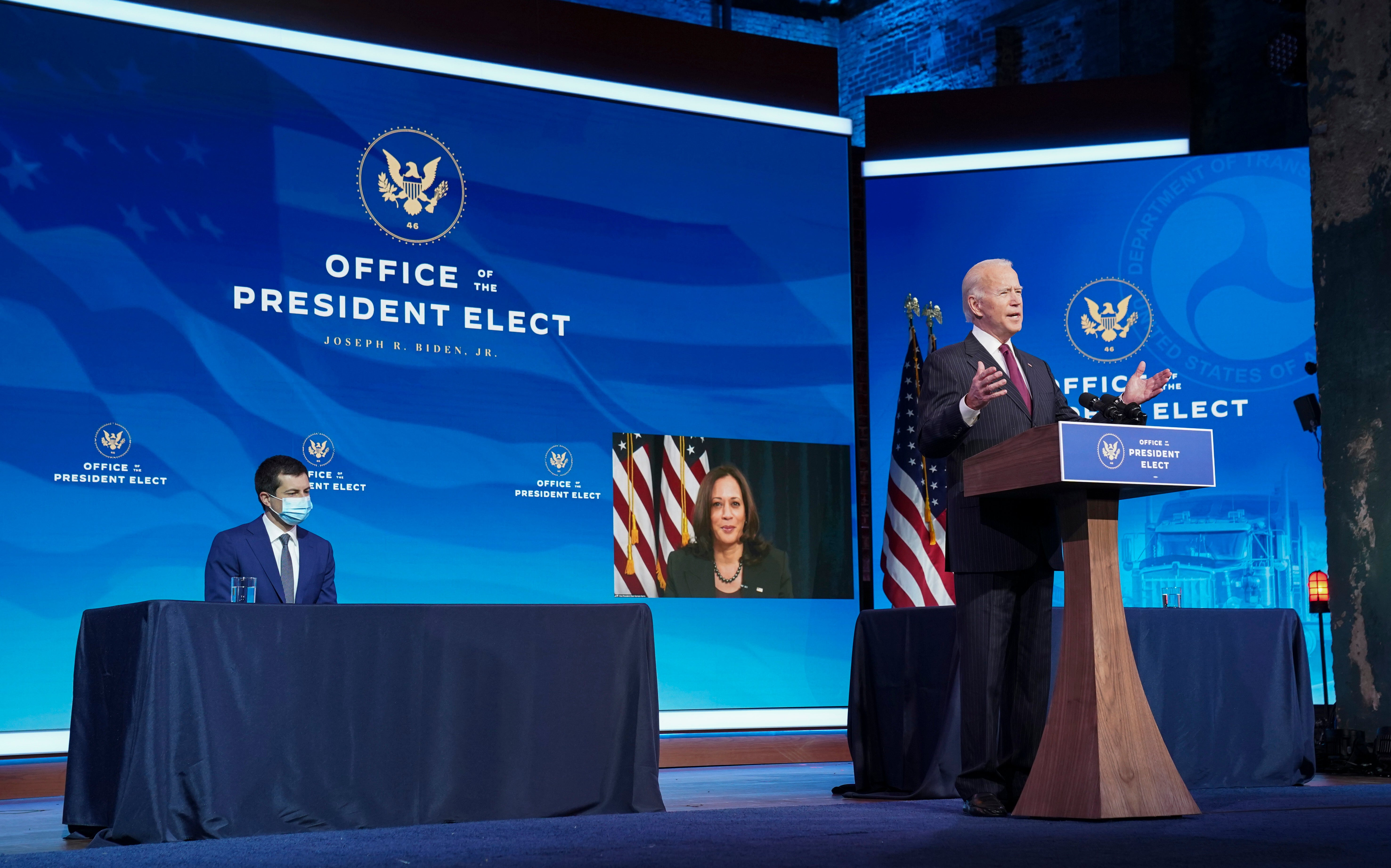 Joe Biden with Pete Buttigieg, and Kamala Harris on video link