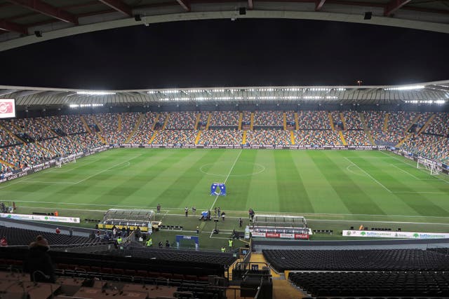 The Dacia Arena stands empty in the absence of visitors Salernitana (Andrea Bressanutti/LaPresse via AP)
