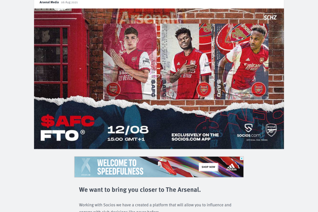 Arsenal’s website ad for fan tokens banned by the Advertising Standards Authority (ASA/PA)