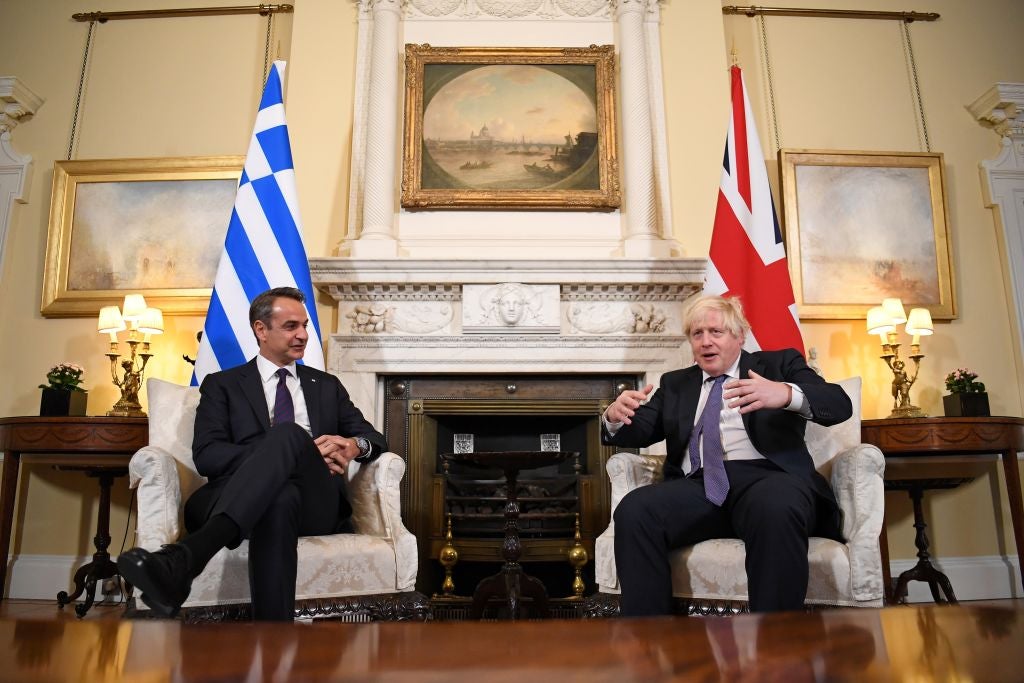 Greece’s prime minister Kyriakos Mitsotakis talks to Boris Johnson in No 10 in November