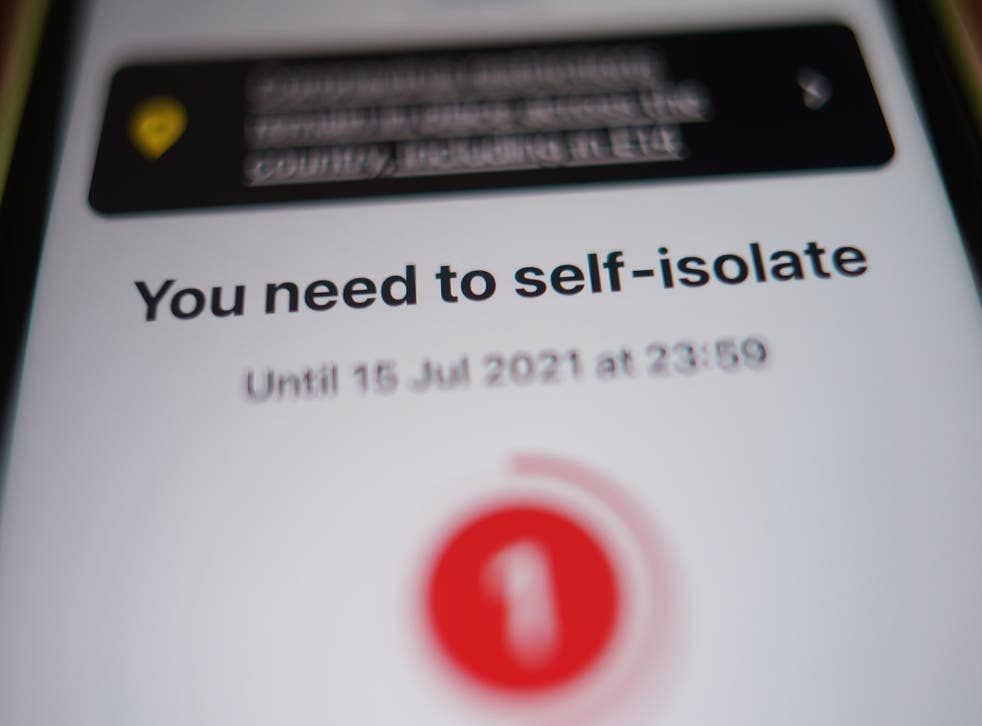 File photo dated 15/07/21 of a message to self-isolate displayed on the NHS coronavirus contact tracing app. Those “pinged” by the NHS app in England and Wales are up to four times more likely to have Covid-19 than someone who is not, research suggests. A survey of more than 750,000 Zoe Covid Symptom Study contributors found only 2.4% of fully vaccinated participants who were pinged, but felt physically normal, went on to test positive. Issue date: Friday August 13, 2021.