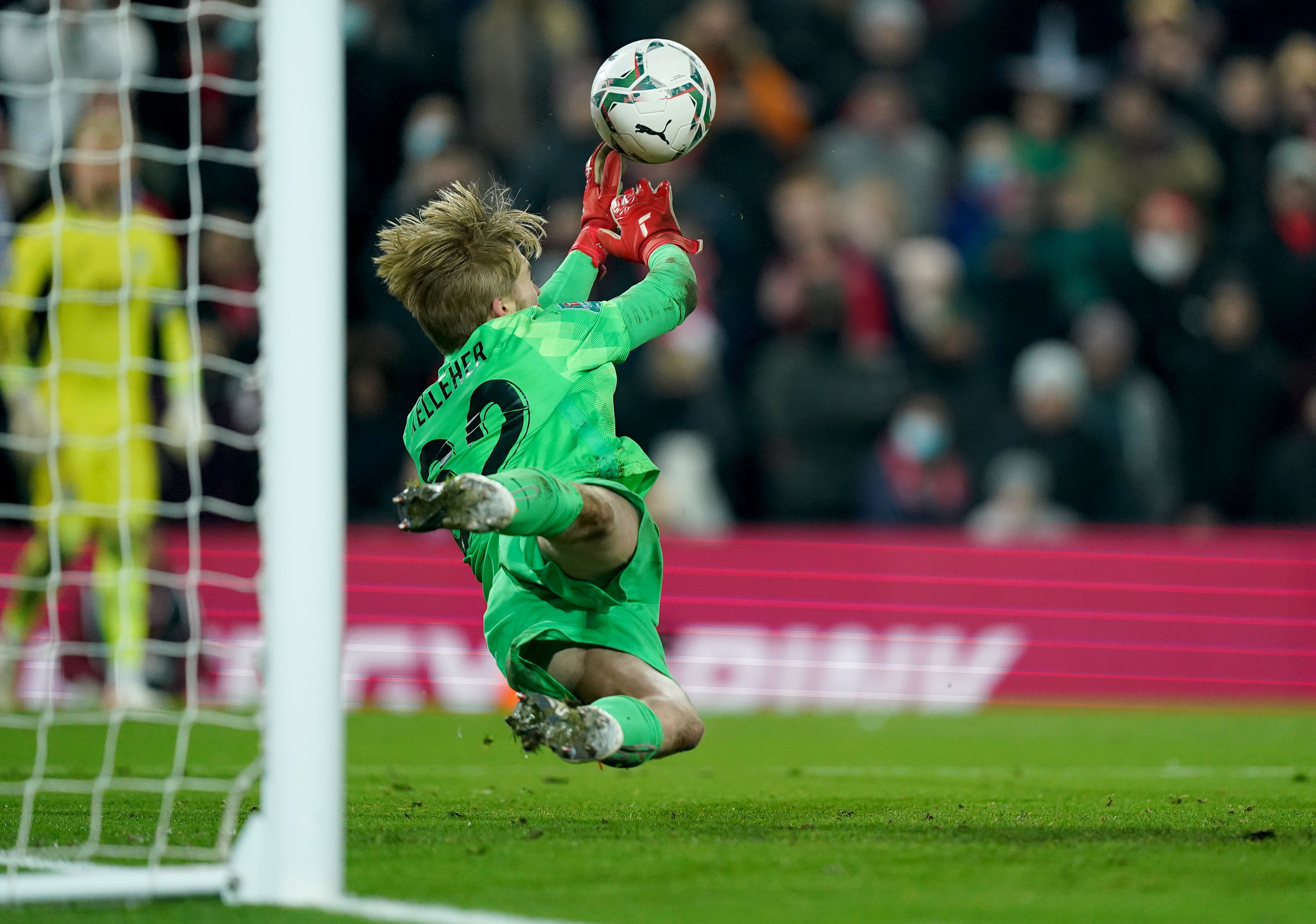 Caoimhin Kelleher was the hero for Liverpool (Mike Egerton/PA)