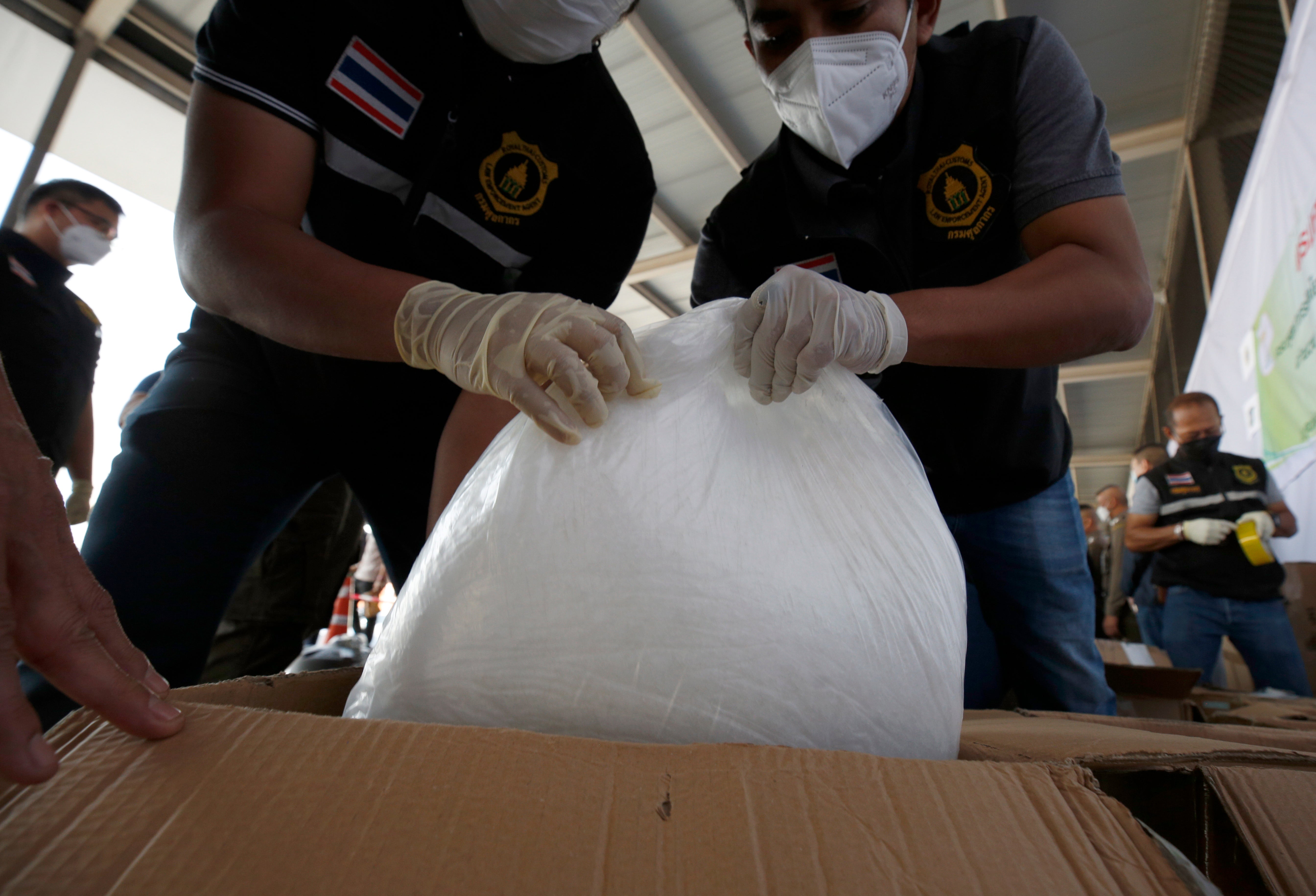 Thai customs officials store seized crystal methamphetamine in Bangkok, Thailand, 23 December 2021