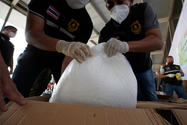 <p> Thai customs officials store seized crystal methamphetamine in Bangkok, Thailand, 23 December 2021</p>