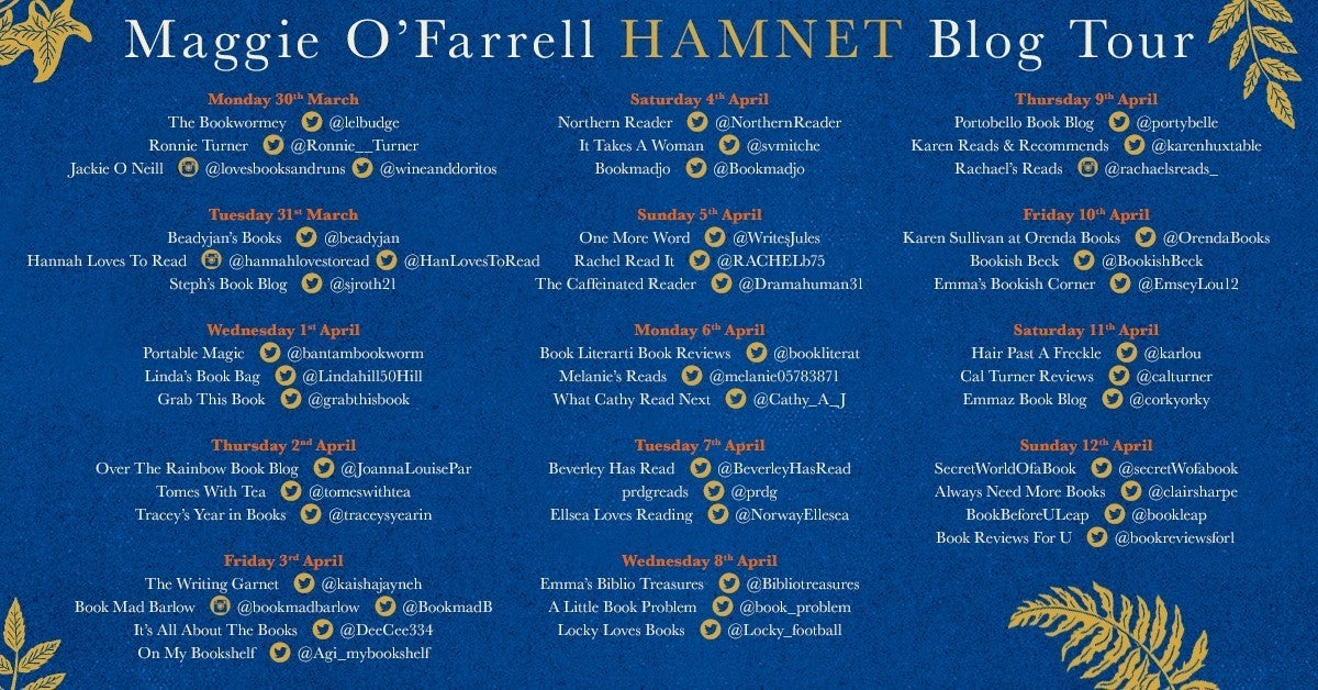 A Maggie O’Farrell ‘Hamnet’ Blog Tour timetable