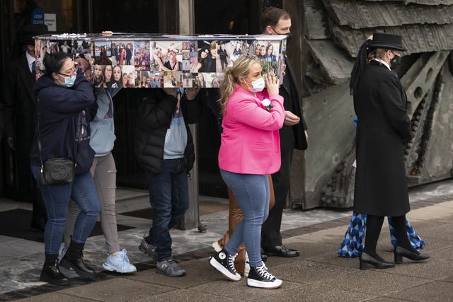 The coffin of Ava White is carried out of Liverpool Metropolitan Cathedral following her funeral service (Danny Lawson/PA)