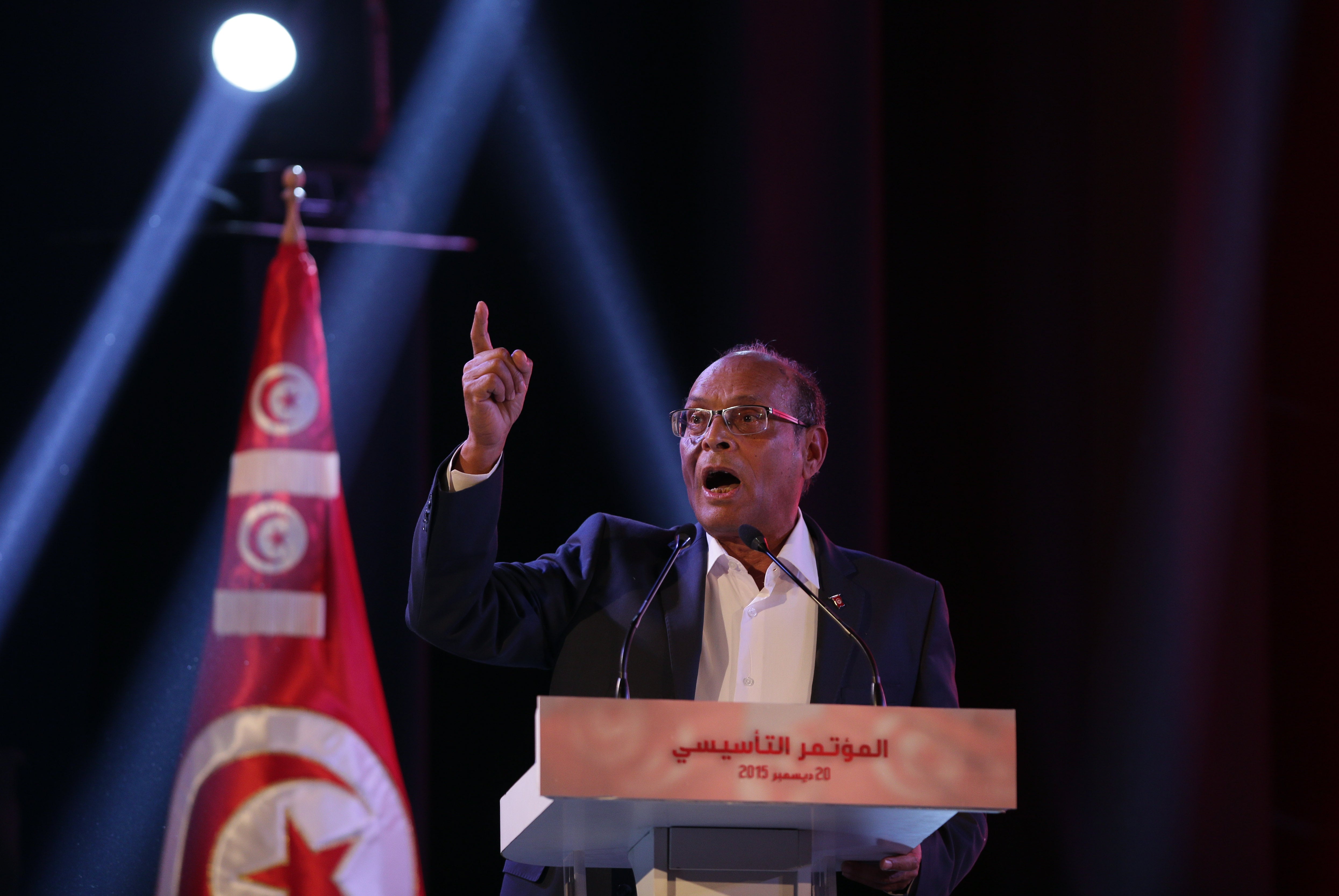 File photo: Former Tunisian president Moncef Marzouki speaks during the founding congress meeting of his new political party, in Tunis, 20 December 2015