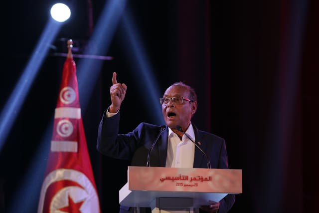 <p>File photo:  Former Tunisian president Moncef Marzouki speaks during the founding congress meeting of his new political party, in Tunis, 20 December 2015</p>