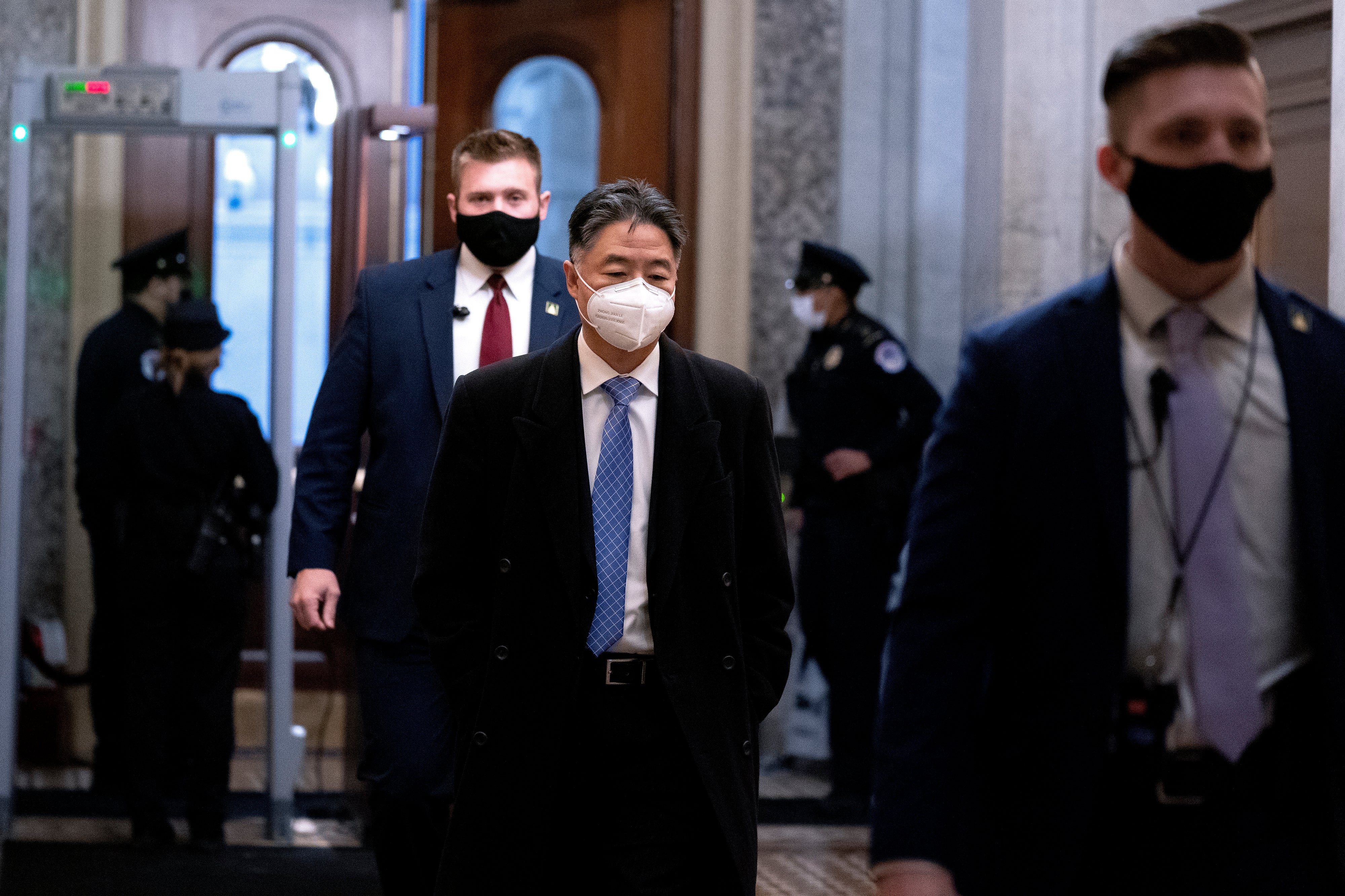 Rep Ted Lieu arrives before the fifth day of the Senate Impeachment trials for former President Donald Trump on Capitol Hill on February 13, 2021 in Washington, DC.