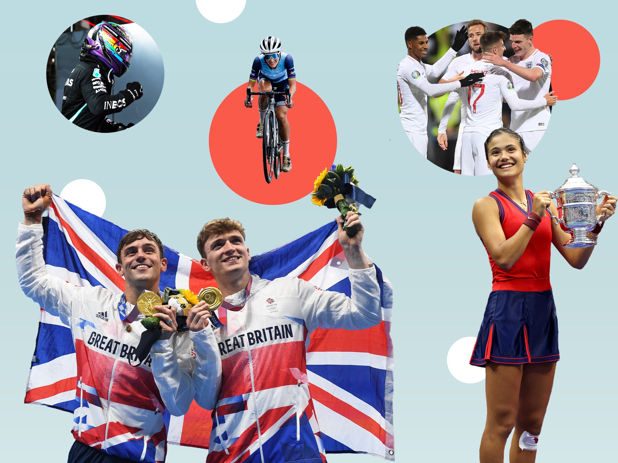 Joy and inspiration: (clockwise from top left) Lewis Hamilton, Lizzie Deignan, the England football team, Emma Raducanu, and Tom Daley and Matty Lee