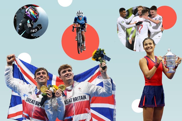 <p>Joy and inspiration: (clockwise from top left) Lewis Hamilton, Lizzie Deignan, the England football team, Emma Raducanu, and Tom Daley and Matty Lee </p>