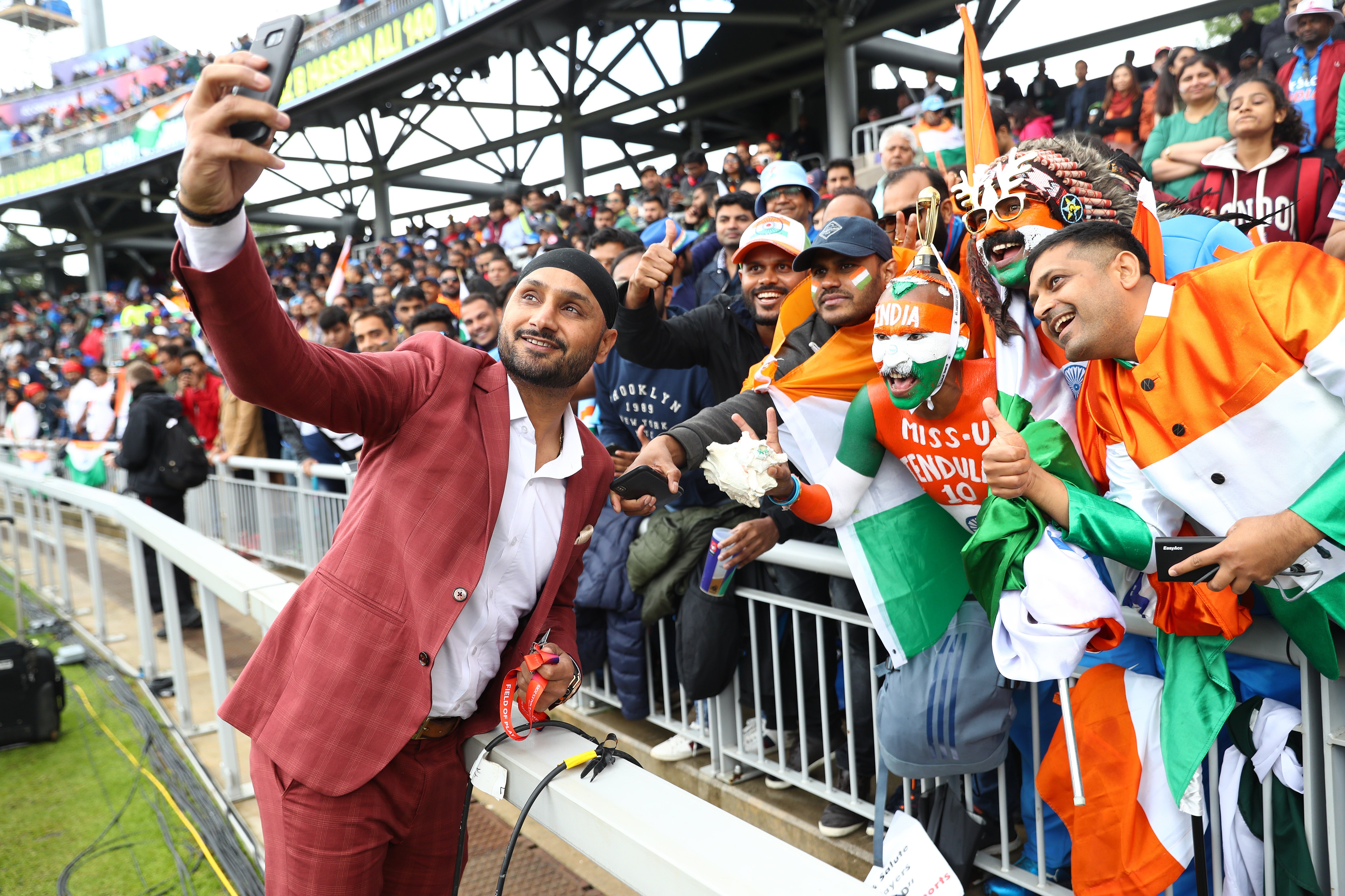 Harbhajan Singh takes a selfie with India supporters at Old Trafford in 2019