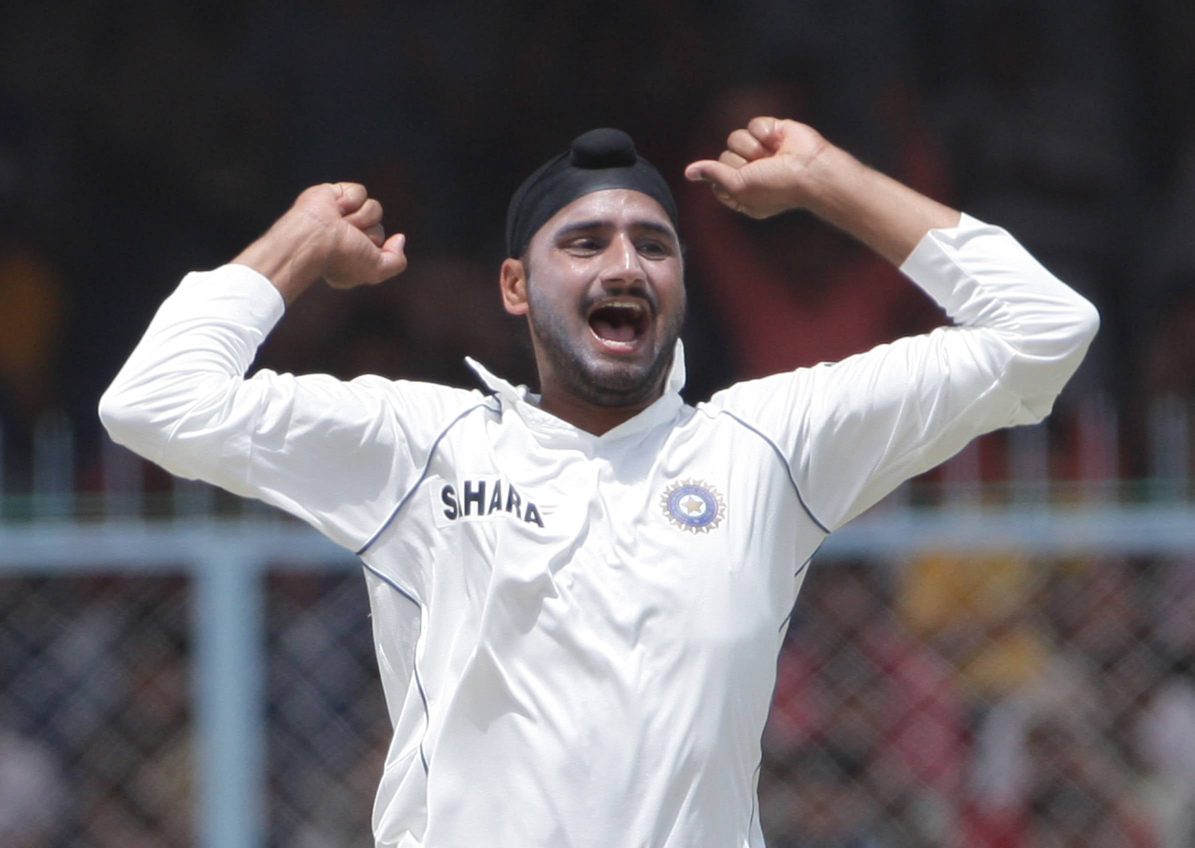 Harbhajan Singh of India celebrates the wicket of Hashim Amla of South Africa in 2008