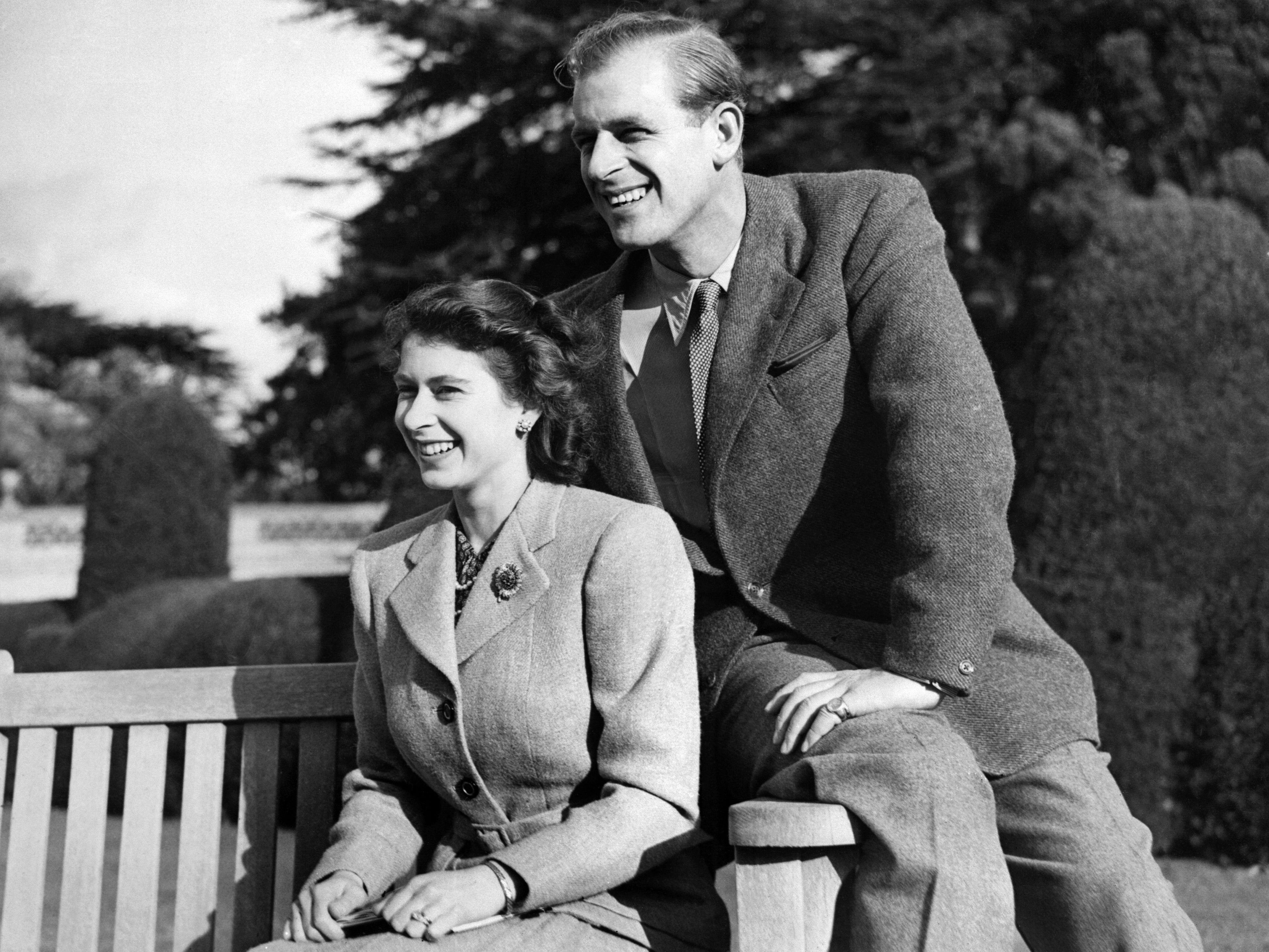 Princess Elizabeth (future Queen Elizabeth II) and her husband Philip, Duke of Edinburgh, pose during their honeymoon, November 25, 1947 in Broadlands estate
