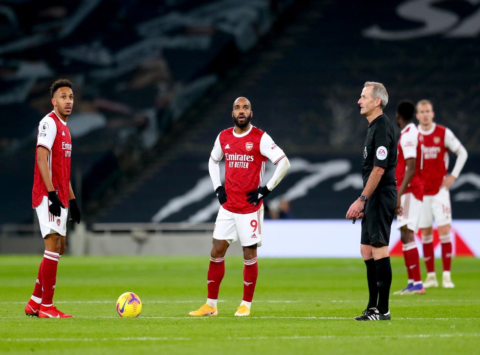 Alexandre Lacazette, right, is out of contract in the summer while Pierre-Emerick Aubameyang has missed Arsenal’s last four matches (Catherine Ivill/PA)