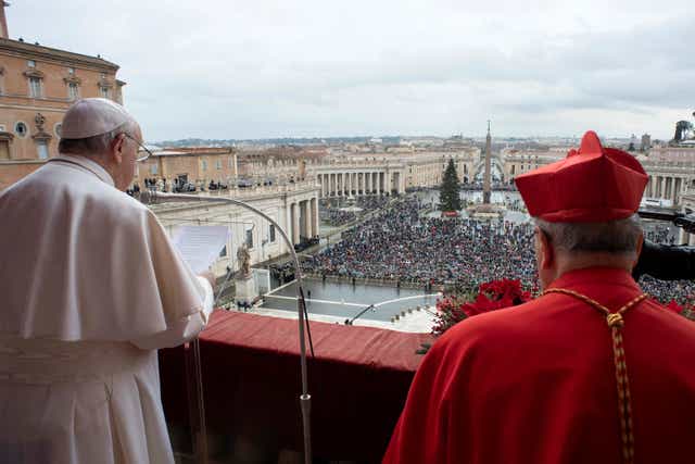 <p>Pope Francis delivers his traditional Christmas Day Urbi et Orbi from the main balcony of St Peter’s Basilica at the Vatican</p>