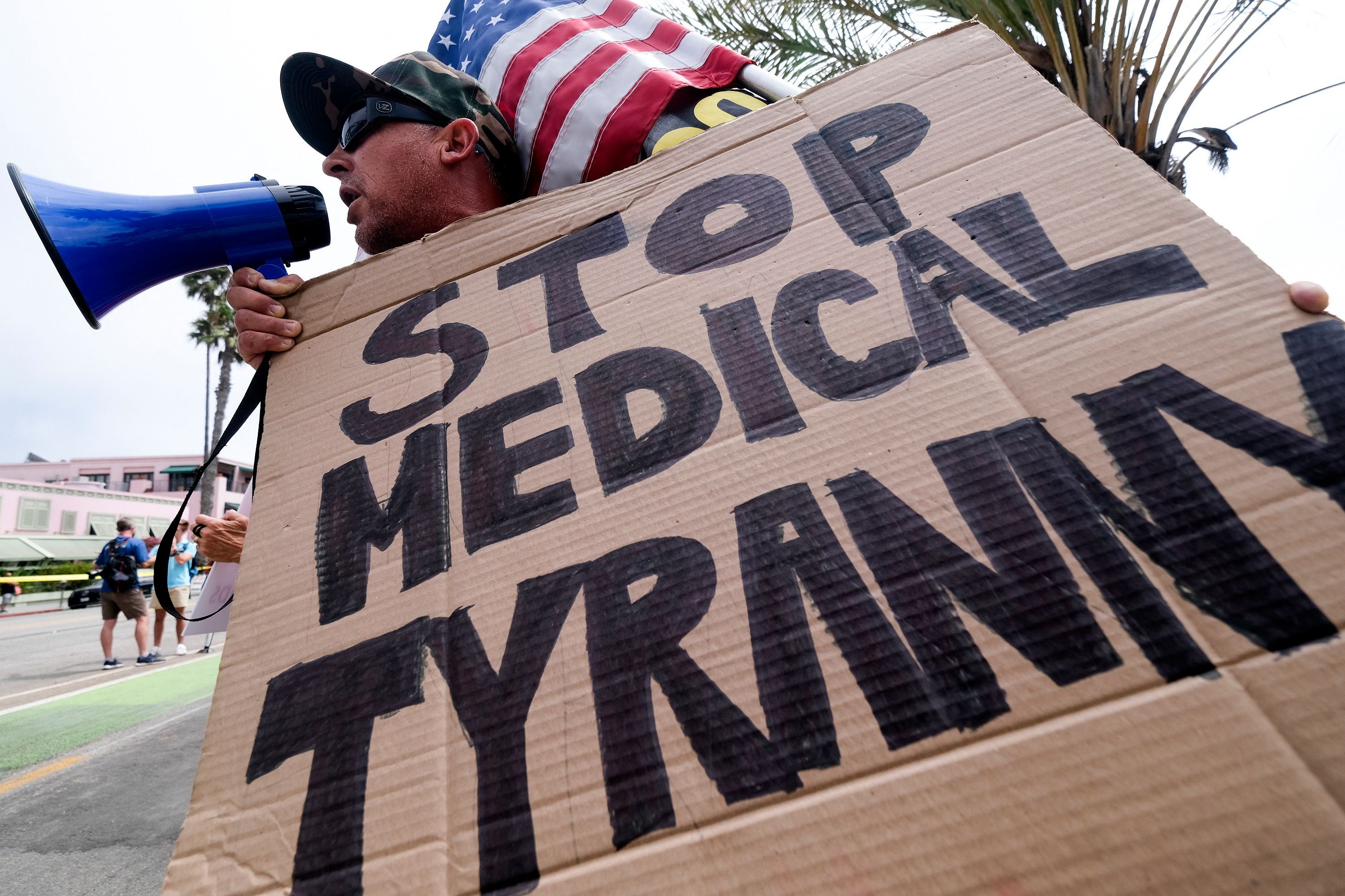 Anti-vaccination protester takes part in a rally against Covid-19 vaccine mandates, in Santa Monica, California.
