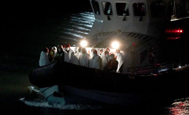 <p>A group of people thought to be migrants were brought in to Dover, Kent, onboard a Border Force vessel</p>