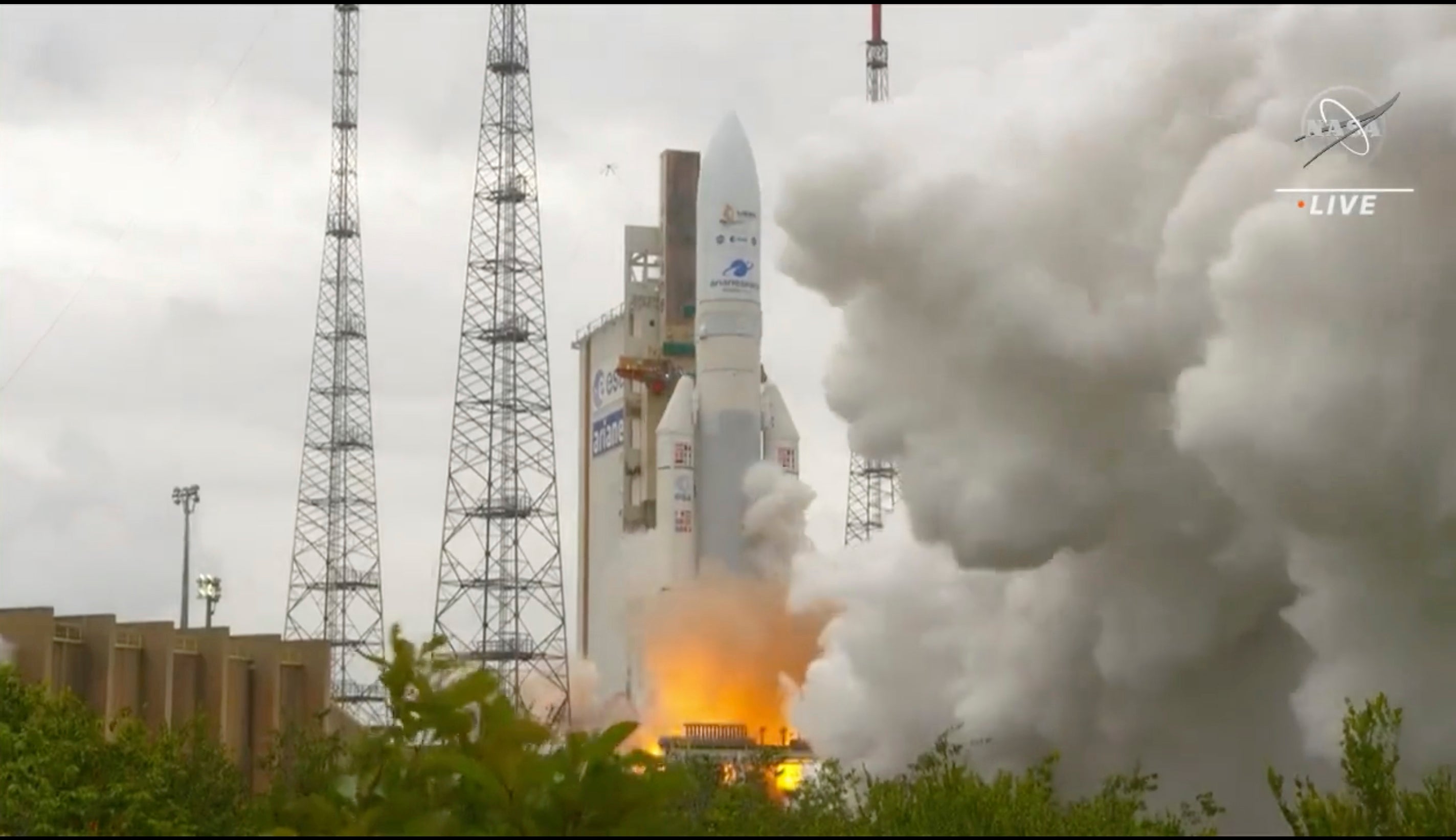 Arianespace’s Ariane 5 rocket with Nasa’s James Webb Space Telescope on board, lifts off (Nasa via AP)