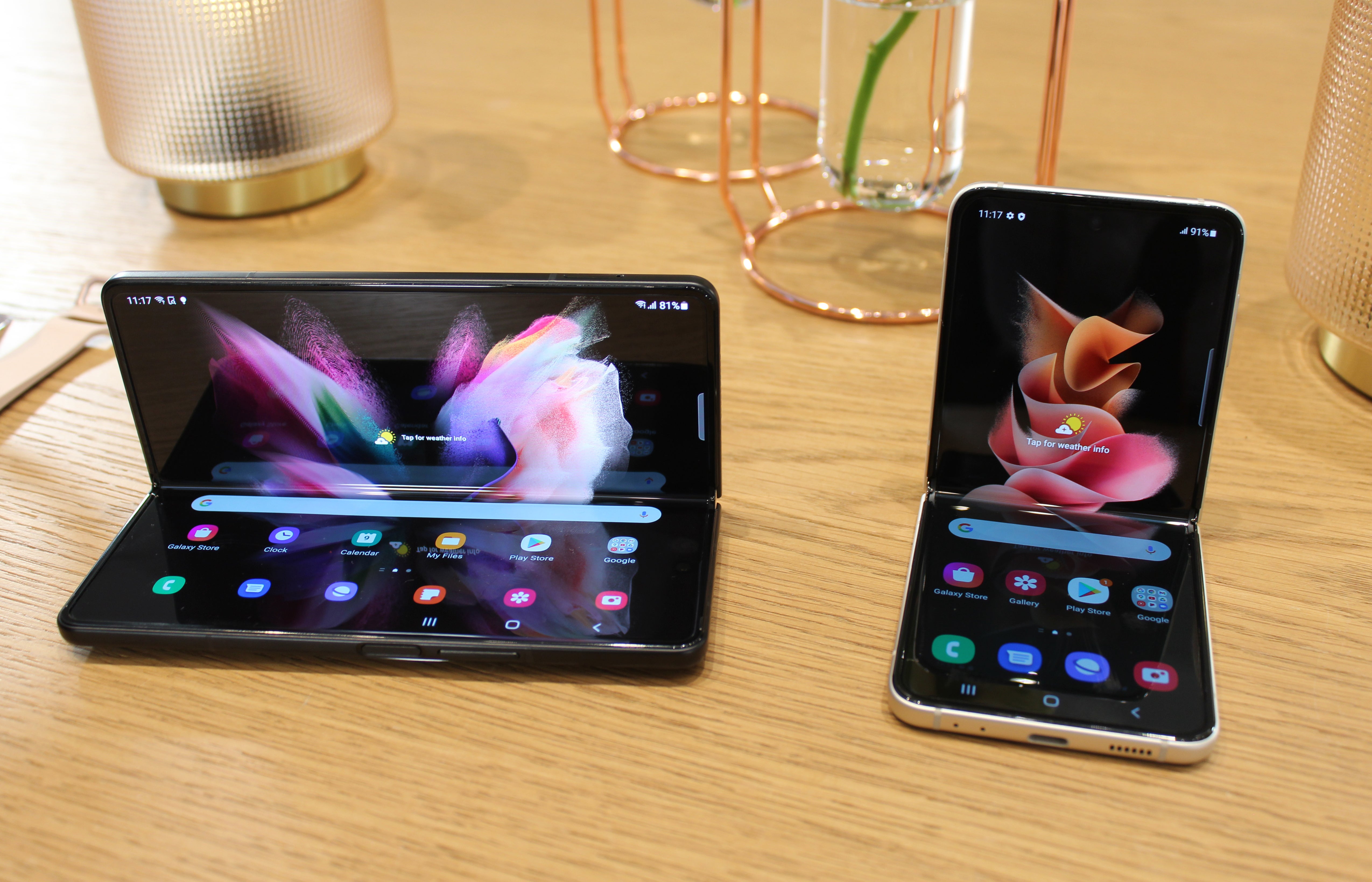 The Samsung Galaxy Z Fold3 (left) and Z Flip3 (Martyn Landi/PA)