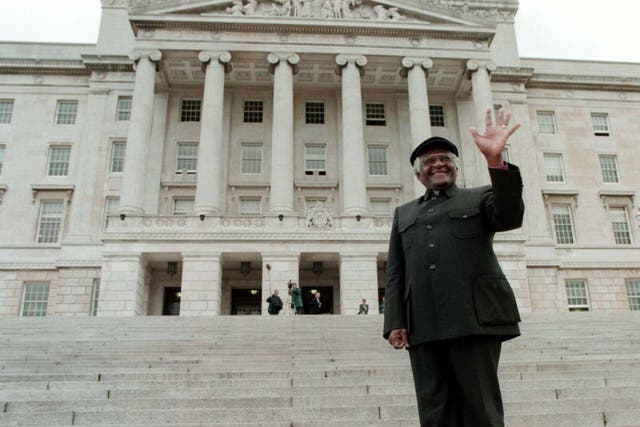 Archbishop Desmond Tutu on the steps of Stormont in 1998 (Brian Little/PA)