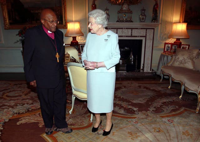 Reverend Desmond Tutu during an audience with Queen Elizabeth II at Buckingham Palace, central London (Sean Dempsey/PA)